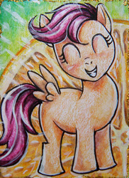 Size: 385x529 | Tagged: safe, artist:littleponyprincess, imported from derpibooru, scootaloo, pegasus, pony, butt wings, colored pencil drawing, eyes closed, female, filly, food, orange, smiling, solo, traditional art