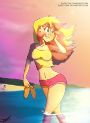 Size: 1024x1408 | Tagged: safe, artist:ringteam, imported from derpibooru, sunset shimmer, twilight sparkle, equestria girls, belly button, midriff, sandals, water, wet