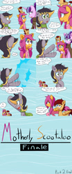 Size: 2000x4800 | Tagged: safe, artist:jake heritagu, imported from derpibooru, scootaloo, starlight glimmer, oc, oc:aero, oc:lightning blitz, pegasus, pony, comic:ask motherly scootaloo, baby, baby pony, cloak, clothes, colt, comic, dialogue, hairpin, male, motherly scootaloo, offspring, parent:derpy hooves, parent:oc:warden, parent:rain catcher, parent:scootaloo, parents:canon x oc, parents:catcherloo, parents:warderp, ponies riding ponies, pony hat, riding, scarf, speech bubble, sweatshirt