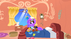 Size: 686x372 | Tagged: safe, imported from derpibooru, oc, oc only, oc:wonder sparkle, 3d, bed, golden oaks library, legends of equestria, sitting, solo, tried