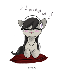 Size: 2026x2362 | Tagged: safe, artist:ratann, imported from derpibooru, octavia melody, earth pony, pony, :3, blushing, cute, eyes closed, female, headphones, mare, music notes, open mouth, pillow, prone, simple background, smiling, solo, tavibetes, white background