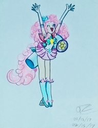 Size: 664x868 | Tagged: safe, artist:artchemist13, imported from derpibooru, pinkie pie, human, armpits, female, humanized, magical girl, party cannon, solo, traditional art
