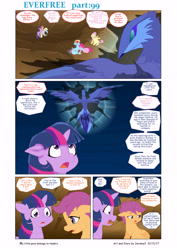 Size: 6197x8760 | Tagged: safe, artist:jeremy3, imported from derpibooru, derpy hooves, fluttershy, pinkie pie, rainbow dash, scootaloo, twilight sparkle, twilight sparkle (alicorn), alicorn, night phoenix, phoenix, pony, comic:everfree, absurd resolution, comic, crater