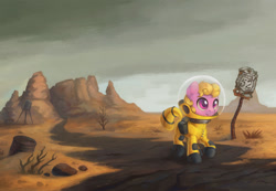 Size: 1200x830 | Tagged: safe, artist:asimos, imported from derpibooru, oc, oc only, oc:puppysmiles, earth pony, pony, fallout equestria, fallout equestria: pink eyes, barrel, fanfic, fanfic art, female, filly, foal, hazmat suit, hooves, pink eyes, radiation suit, road, road sign, route 52, scenery, sign, smiling, solo, wasteland, water tower