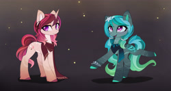 Size: 6243x3318 | Tagged: safe, artist:magnaluna, imported from derpibooru, oc, oc only, earth pony, pony, unicorn, auction, chest fluff, clothes, cute, duo, duo female, female, mare, open mouth, raised hoof, raised leg, scarf, simple background, smiling