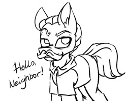 Size: 860x681 | Tagged: safe, artist:ggchristian, imported from derpibooru, earth pony, pony, clothes, facial hair, hello neighbor, male, monochrome, moustache, mr. peterson, ponified, shirt, solo, stallion, the neighbor