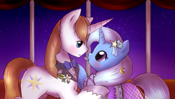 Size: 1600x900 | Tagged: safe, artist:nika191319, imported from derpibooru, prince blueblood, trixie, pony, unicorn, bluetrix, bowtie, clothes, crack shipping, dress, female, looking at each other, male, mare, shipping, stallion, straight