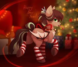 Size: 1965x1692 | Tagged: safe, artist:reysi, imported from derpibooru, oc, oc only, oc:cocoa dot, bat pony, pony, bat pony oc, butt, candy, candy cane, chest fluff, christmas, christmas tree, clothes, female, food, freckles, holiday, looking at you, looking back, looking back at you, mare, plot, present, raised hoof, raised leg, socks, solo, stockings, striped socks, thigh highs, tree