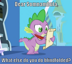 Size: 511x453 | Tagged: safe, edit, edited screencap, editor:scrounge, imported from derpibooru, screencap, somnambula, spike, dragon, friendship is magic, caption, exploitable meme, image macro, innuendo, letter, male, meme, quill, somnambula's blindfold, spike's love letters, tongue out