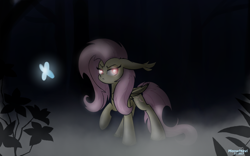 Size: 1440x900 | Tagged: safe, artist:meowmavi, imported from derpibooru, fluttershy, bat pony, butterfly, pony, :<, darkness, female, floppy ears, flutterbat, forest, glow, glowing, mare, race swap, raised hoof, solo