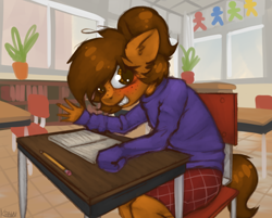 Size: 876x703 | Tagged: safe, artist:marsminer, imported from derpibooru, oc, oc only, oc:venus spring, anthro, unicorn, blushing, braces, chair, classroom, clothes, cute, ear fluff, female, filly, freckles, looking at you, pencil, plaid, plaid skirt, ponytail, sitting, skirt, smiling, solo, sweater, venus spring actually having a pretty good time, young