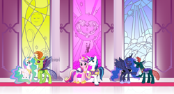 Size: 2656x1436 | Tagged: safe, artist:3d4d, imported from derpibooru, pharynx, princess cadance, princess celestia, princess luna, shining armor, thorax, alicorn, changedling, changeling, pony, blushing, changedling brothers, eyes closed, female, king thorax, lunarynx, male, mare, prince pharynx, shiningcadance, shipping, smiling, straight, thoralestia