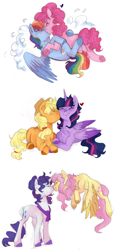 Size: 1024x2176 | Tagged: safe, artist:soft-arthropod, imported from derpibooru, applejack, fluttershy, pinkie pie, rainbow dash, rarity, twilight sparkle, alicorn, earth pony, pegasus, pony, unicorn, alternate hairstyle, cheek kiss, chest fluff, ear fluff, eyes closed, female, flarity, flying, heart, hug, kiss on the cheek, kissing, leonine tail, lesbian, lying, mane six, mare, nuzzling, pinkiedash, shipping, simple background, smiling, twijack, twilight sparkle (alicorn), white background