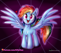 Size: 3000x2600 | Tagged: safe, artist:katakiuchi4u, imported from derpibooru, rainbow dash, pegasus, pony, cute, dashabetes, female, happy, heart, looking at you, mare, open mouth, patreon, patreon logo, smiling, solo, spread wings, sunburst background, wings