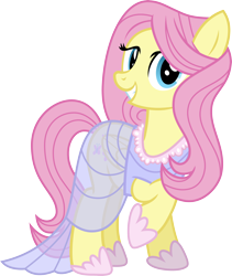 Size: 3806x4500 | Tagged: safe, artist:slb94, imported from derpibooru, fluttershy, pegasus, pony, alternate hairstyle, clothes, dress, female, hoof shoes, looking at you, mare, raised hoof, see-through, simple background, smiling, solo, transparent background, vector