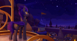 Size: 1100x583 | Tagged: safe, artist:rodrigues404, imported from derpibooru, oc, oc only, oc:helios aster, bat pony, pony, animated, balcony, cinemagraph, gif, kingdom, male, scenery, scenery porn, shooting star, smiling, stallion, standing