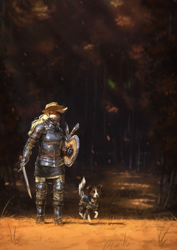 Size: 1020x1440 | Tagged: safe, artist:assasinmonkey, imported from derpibooru, applejack, winona, dog, human, armor, cowboy hat, detailed, forest, gauntlet, hat, humanized, shield, stetson, sword, tree, weapon