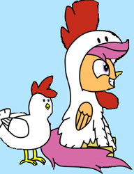 Size: 328x426 | Tagged: safe, artist:vanillaghosties, edit, imported from derpibooru, scootaloo, chicken, pegasus, pony, animal costume, chicken suit, clothes, costume, cropped, cute, cutealoo, happy, scootachicken, silly, silly pony