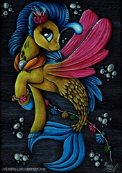 Size: 1280x1816 | Tagged: safe, artist:julunis14, imported from derpibooru, princess skystar, seapony (g4), my little pony: the movie, bubble, dark, female, fins, fish tail, flower, flower in hair, freckles, jewelry, necklace, pearl necklace, seashell, smiling, solo, traditional art, underwater, water, wings