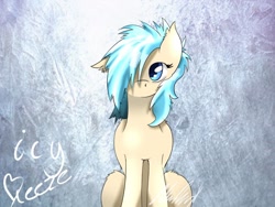 Size: 1024x768 | Tagged: safe, artist:lightning-str3k, imported from derpibooru, oc, oc only, oc:icy breeze, bat pony, pony, female, hair over one eye, looking at you, mare, signature, solo, standing