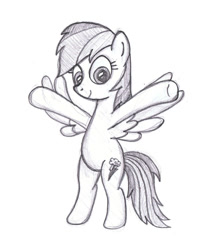 Size: 900x1050 | Tagged: safe, artist:m.w., imported from derpibooru, rainbow dash, pegasus, pony, bipedal, cute, dashabetes, female, hugs?, incoming hug, mare, monochrome, open arms, simple background, sketch, smiling, solo, white background