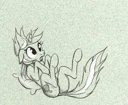 Size: 724x593 | Tagged: safe, artist:el-yeguero, imported from derpibooru, lyra heartstrings, pony, unicorn, butt, female, mare, monochrome, on back, pillow, plot, sketch, solo, startled