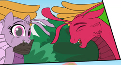 Size: 1560x844 | Tagged: safe, artist:feroxultrus, imported from derpibooru, oc, oc only, pegasus, pony, siren, broken horn, brother and sister, bush, cataracts, fanfic, fanfic art, fangs, father, female, fins, foal, happy, hatchling, male, one eyed, scar, seashell, shrub, smiling, surrogate, wings