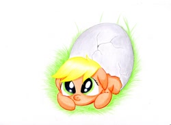Size: 1024x744 | Tagged: safe, artist:rurihal, imported from derpibooru, part of a set, applejack, earth pony, pony, blank flank, cute, egg, female, filly, floppy ears, grass, hatching, jackabetes, looking at you, looking up, prone, solo, traditional art, younger