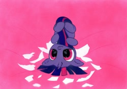 Size: 1024x722 | Tagged: safe, artist:rurihal, imported from derpibooru, part of a set, twilight sparkle, pony, unicorn, blank flank, cute, egg, female, filly, hatching, hug, solo, tail hug, traditional art, twiabetes, upside down, younger