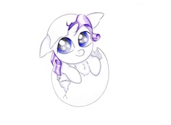 Size: 1024x744 | Tagged: safe, artist:rurihal, imported from derpibooru, part of a set, rarity, pony, unicorn, blank flank, cute, egg, female, filly, hatching, looking up, raribetes, solo, traditional art, younger