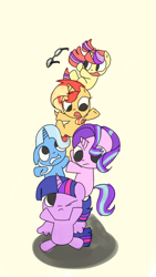 Size: 1080x1920 | Tagged: safe, artist:andromedasparkz, imported from derpibooru, moondancer, starlight glimmer, sunset shimmer, trixie, twilight sparkle, alicorn, pony, unicorn, chibi, counterparts, cute, dancerbetes, diatrixes, falling, female, filly, filly moondancer, filly starlight glimmer, filly sunset shimmer, filly trixie, filly twilight sparkle, glasses, glimmerbetes, jenga, looking down, looking up, magical quartet, magical quintet, magical trio, mare, one eye closed, open mouth, pony pile, shimmerbetes, simple background, tower of pony, twiabetes, twilight sparkle (alicorn), twilight's counterparts, white background, younger