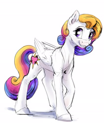 Size: 1723x2040 | Tagged: safe, artist:silfoe, imported from derpibooru, oc, oc only, oc:light heart, pegasus, pony, royal sketchbook, folded wings, looking at you, simple background, sketch, smiling, solo, white background