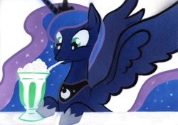 Size: 1024x721 | Tagged: safe, artist:rurihal, imported from derpibooru, princess luna, alicorn, pony, bubbling, bust, drink, drinking straw, female, jewelry, looking at something, regalia, silly, silly pony, solo, spread wings, traditional art, wings