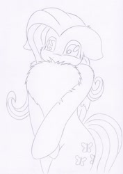 Size: 1024x1450 | Tagged: safe, artist:rurihal, imported from derpibooru, fluttershy, pegasus, pony, bipedal, chest fluff, female, floppy ears, fluffershy, folded wings, grayscale, impossibly large chest fluff, lineart, monochrome, pencil drawing, pose, simple background, solo, traditional art, wings