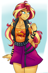 Size: 1996x3020 | Tagged: safe, artist:ambris, imported from derpibooru, sunset shimmer, equestria girls, beautiful, breasts, busty sunset shimmer, clothes, cute, female, jacket, leather jacket, moe, shirt, simple background, skirt, smiling, solo, thighs