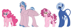 Size: 7049x2800 | Tagged: safe, artist:marukouhai, imported from derpibooru, pinkie pie, oc, oc:dizzy head, oc:lucky treat, oc:okey, earth pony, pegasus, pony, unicorn, female, high res, leonine tail, male, mare, offspring, parent:pinkie pie, parent:pokey pierce, parents:pokeypie, simple background, stallion, unshorn fetlocks, white background