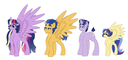 Size: 6002x2800 | Tagged: safe, artist:marukouhai, imported from derpibooru, flash sentry, twilight sparkle, oc, oc:ceres, oc:honeydew feather, alicorn, pegasus, pony, unicorn, female, flashlight, high res, male, mare, offspring, parent:flash sentry, parent:twilight sparkle, parents:flashlight, shipping, simple background, stallion, straight, twilight sparkle (alicorn), white background