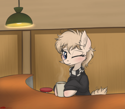 Size: 2019x1758 | Tagged: safe, artist:orang111, imported from derpibooru, oc, oc only, oc:coffee cuddles, earth pony, pony, blushing, cafe, clothes, coffee, cute, female, looking at you, mare, messy mane, mug, one eye closed, scarf, sitting, solo, sweater, wink