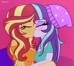 Size: 1554x1385 | Tagged: safe, artist:cbear624, imported from derpibooru, starlight glimmer, sunset shimmer, equestria girls, mirror magic, spoiler:eqg specials, beanie, blushing, breasts, busty sunset shimmer, clothes, eyes closed, female, hat, kissing, lesbian, shimmerglimmer, shipping, shirt