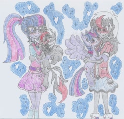 Size: 1816x1742 | Tagged: safe, artist:nephilim rider, imported from derpibooru, sci-twi, twilight sparkle, oc, oc:heaven lost, pony, equestria girls, canon x oc, hug, human ponidox, self ponidox, traditional art, twilight sparkle (alicorn), twolight