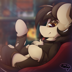 Size: 1280x1280 | Tagged: safe, artist:php40, deleted from derpibooru, imported from derpibooru, oc, oc only, oc:pie, earth pony, pony, chest fluff, gift art, looking at you, male, on back, solo, stallion