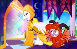 Size: 1000x647 | Tagged: safe, artist:pixelkitties, imported from derpibooru, princess celestia, spike, dragon, clothes, cosplay, costume, duo, the great red dragon and the woman clothed in sun, william blake