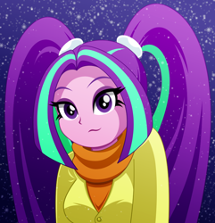 Size: 842x874 | Tagged: dead source, safe, artist:rosemile mulberry, imported from derpibooru, aria blaze, human, equestria girls, rainbow rocks, :s, ariabetes, bust, clothes, coat, cute, female, night, scarf, smiling, snow, snowfall, solo, wavy mouth