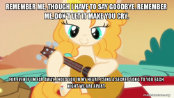 Size: 800x450 | Tagged: safe, edit, edited screencap, imported from derpibooru, screencap, pear butter, the perfect pear, spoiler:coco, coco (disney movie), disney, guitar, image macro, makeameme.org, meme, spoilers for another series, you're in my head like a catchy song