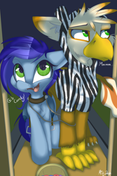 Size: 4724x7086 | Tagged: source needed, safe, artist:mistydash, imported from derpibooru, oc, oc only, oc:blue bat, oc:ember burd, bat pony, griffon, absurd resolution, clothes, collar, commission, costume, doorway, eared griffon, griffon oc, halloween, holiday, hoodie, leash, saddle, tack, trick or treat