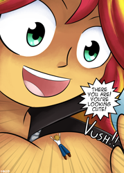 Size: 940x1310 | Tagged: safe, artist:dinobirdofdoom, imported from derpibooru, sunset shimmer, oc, oc:vanilla beam, human, equestria girls, clothes, commission, cute, dialogue, hand, human male, male, micro, open mouth, palm, shrunk, speech bubble