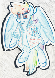 Size: 624x871 | Tagged: safe, artist:shoeunit, imported from derpibooru, rainbow dash, pegasus, pony, clothes, colored pencil drawing, female, mare, solo, traditional art