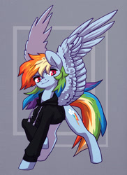 Size: 1403x1929 | Tagged: safe, artist:koviry, imported from derpibooru, rainbow dash, pegasus, pony, abstract background, backwards cutie mark, clothes, female, hoodie, looking at you, mare, multicolored hair, patreon, patreon reward, raised hoof, red eyes, simple background, smiling, solo, spread wings, wings