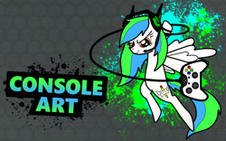 Size: 900x563 | Tagged: safe, artist:metal-jacket444, imported from derpibooru, oc, oc only, oc:console art, pegasus, pony, fighting is magic, controller, female, flying, headphones, mare, solo, spread wings, wings