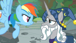 Size: 640x360 | Tagged: safe, imported from derpibooru, screencap, rainbow dash, star swirl the bearded, shadow play, animated, beard slap, gif, insulted, raised eyebrow, unamused